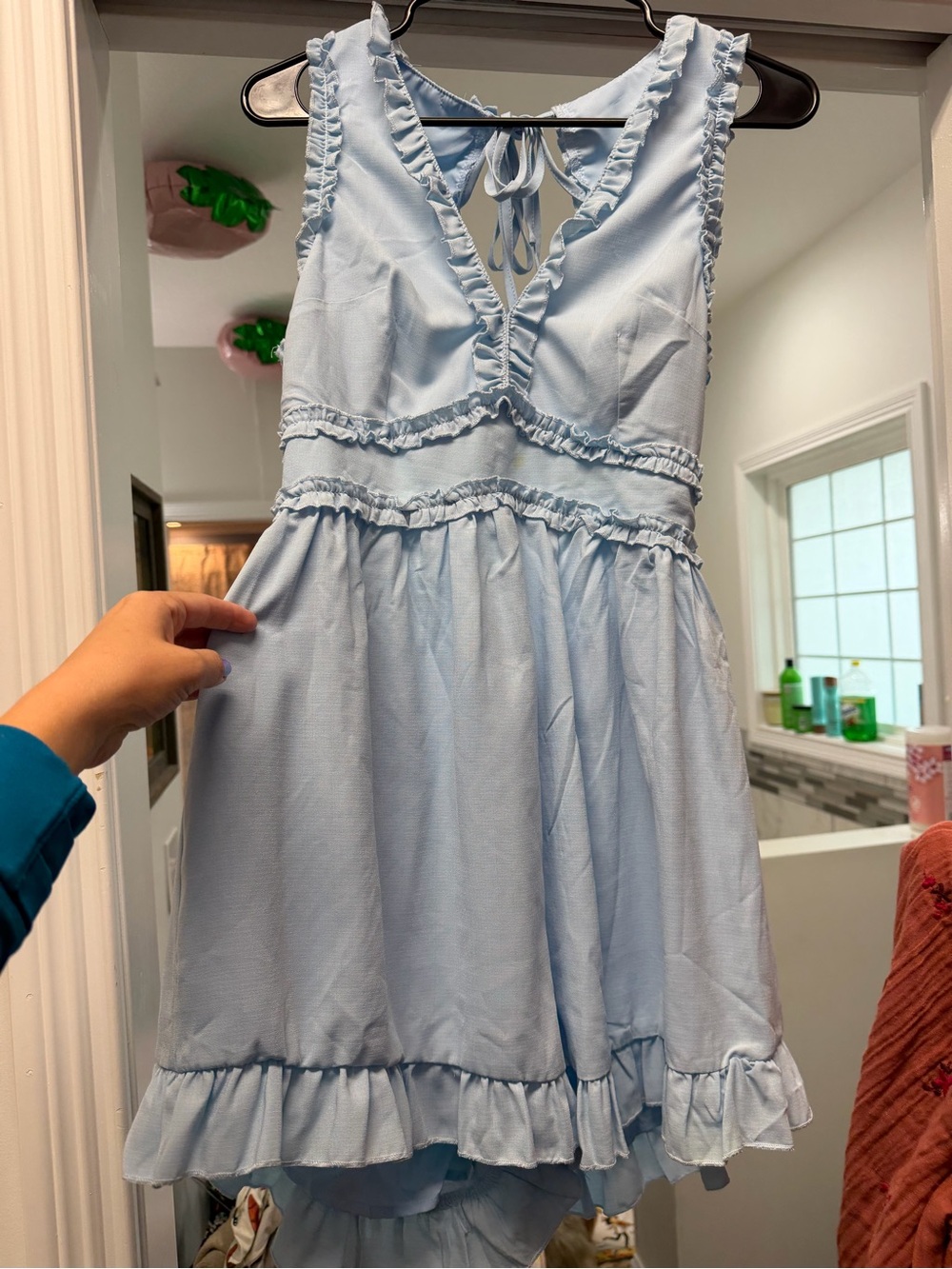 SHEIN Light Blue Ruffle V-Neck Mini Dress